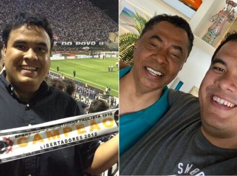 Imagem mostra uma montagem em que aparecem duas personalidades políticas. À esquerda, aparece Gustavo Feliciano num jogo do Corinthians. À direita, está Gustavo Feliciano abraçado com o pai, o deputado Damião Feliciano.