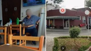 A imagem é uma composição lado a lado que mostra duas cenas distintas: a primeira (à esquerda) é o interior de um bar com um homem, e a segunda (à direita) é a fachada externa do estabelecimento.