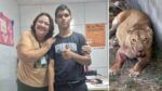 Esta é uma montagem em formato de díptico (duas imagens lado a lado) que contrasta uma cena de afeto e apoio com a imagem chocante do animal envolvido no incidente. Uma mulher conselheira tutelar e o jovem Gerson estão lado a lado.