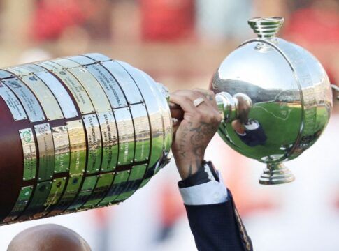 A foto mostra um registro em close-up e em ângulo lateral da Taça Libertadores da América sendo erguida por um jogador. O troféu está na horizontal, ocupando grande parte do quadro.
