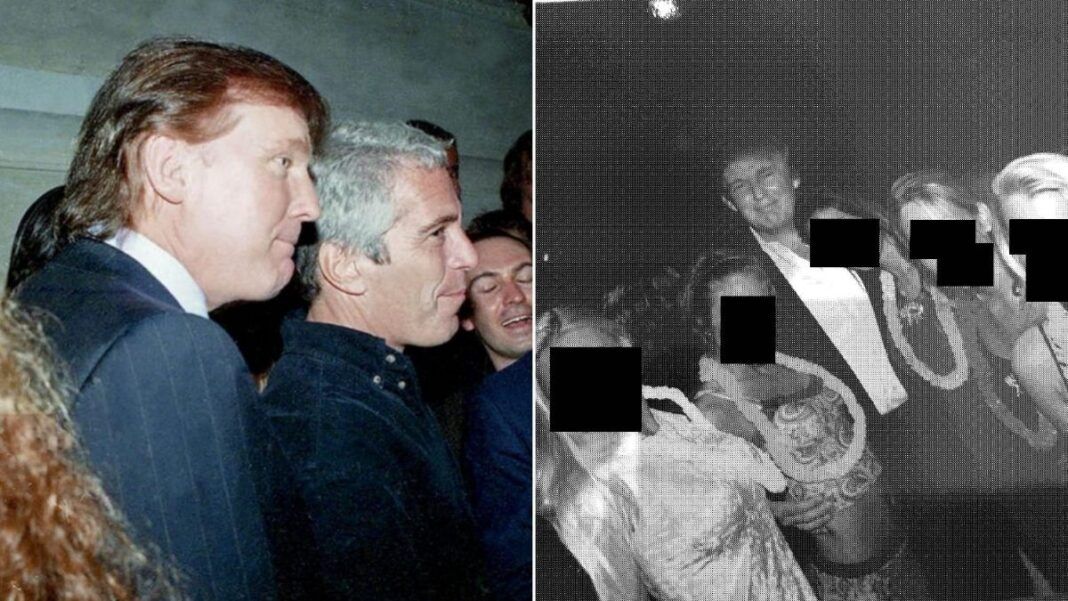 Fotomontagem mostra dois quadros. Em um deles, Trump aparece ao lado de Jeffrey Epstein. No outro, em uma foto em preto e branco, Trump está entre mulheres.