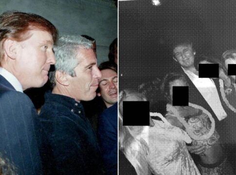 Fotomontagem mostra dois quadros. Em um deles, Trump aparece ao lado de Jeffrey Epstein. No outro, em uma foto em preto e branco, Trump está entre mulheres.