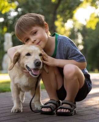 Cachorro com criança em parque