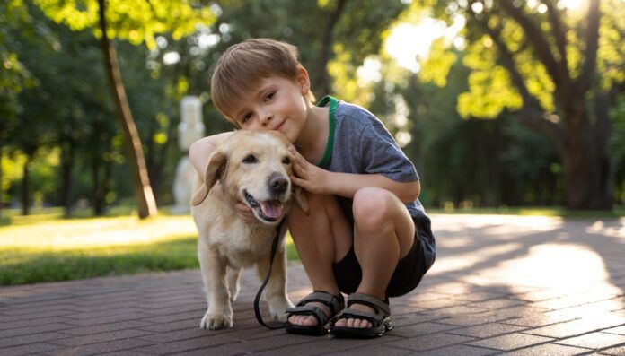Cachorro com criança em parque