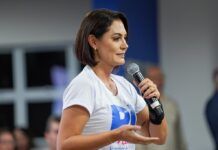 A ex-primeira-dama Michelle Bolsonaro em evento do PL Mulher na cidade de Primavera do Leste