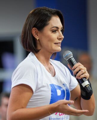 A ex-primeira-dama Michelle Bolsonaro em evento do PL Mulher na cidade de Primavera do Leste