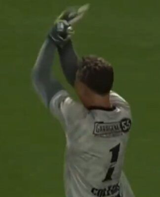 Gabriel Sena comemora em direção aos palmeirenses após pegar pênalti decisivo (Reprodução/Cazé TV)