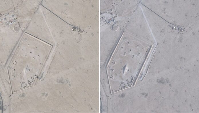 Combinação de imagens de satélite mostra o antes e o depois da instalação de sistemas de defesa aérea MIM-104 Patriot na Base Aérea de Al-Udeid, próxima a Doha, no Catar, em comparação entre 17/01/2026 e 01/02/2026