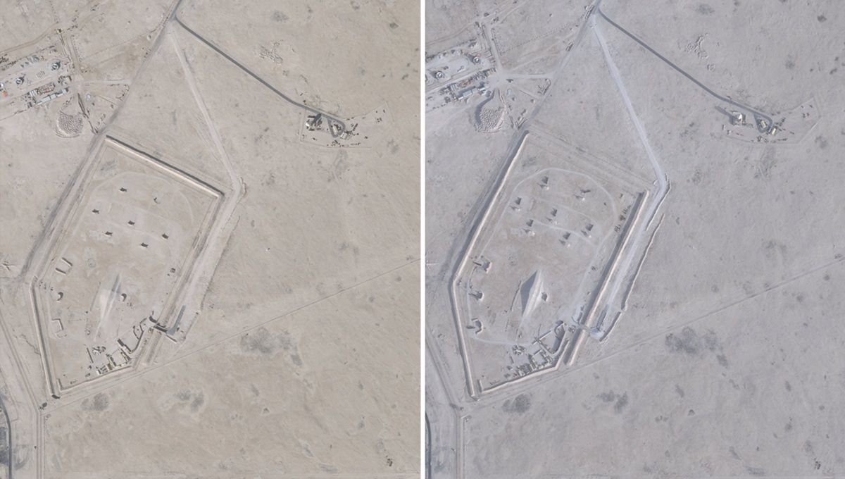 Combinação de imagens de satélite mostra o antes e o depois da instalação de sistemas de defesa aérea MIM-104 Patriot na Base Aérea de Al-Udeid, próxima a Doha, no Catar, em comparação entre 17/01/2026 e 01/02/2026