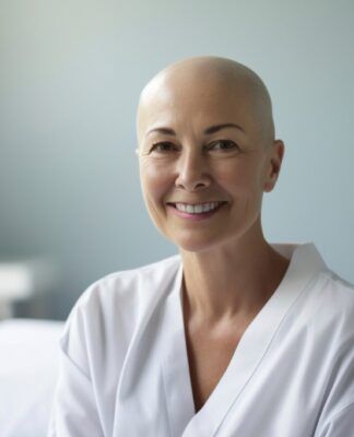Mulher careca em foto de conscientização sobre o Dia Mundial do Câncer