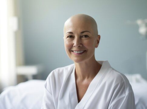 Mulher careca em foto de conscientização sobre o Dia Mundial do Câncer