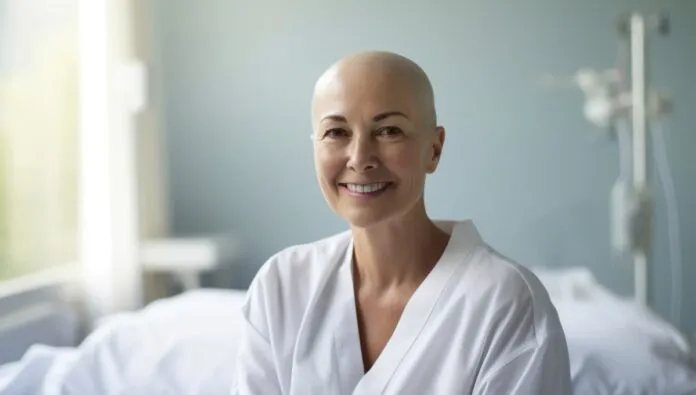 Mulher careca em foto de conscientização sobre o Dia Mundial do Câncer