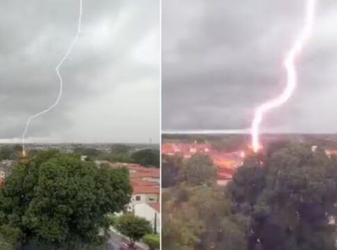 Moradora filma raio atingindo terreno durante forte chuva em Fortaleza; assista
