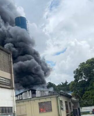 Fogo atinge empresa no bairro Pauliceia, na região do ABC paulista, com densa coluna de fumaça visível a distância; não há registro de feridos no local