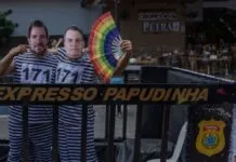 Bloco em SP tem Trump com bigode de Hitler e Bolsonaro e Vorcaro presidiários