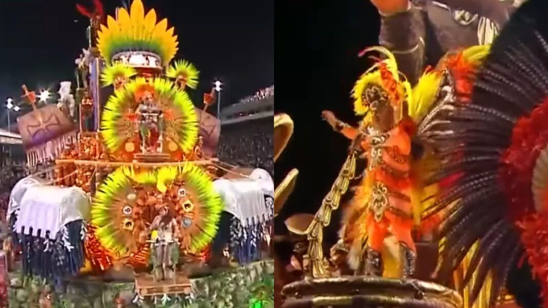 Montagem de duas fotos de um desfile de Carnaval à noite. À esquerda, um grande carro alegórico decorado com penas amarelas e verdes e elementos circulares. À direita, um destaque em uma pessoa usando uma fantasia luxuosa em tons de laranja e amarelo sobre a alegoria.