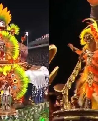 Montagem de duas fotos de um desfile de Carnaval à noite. À esquerda, um grande carro alegórico decorado com penas amarelas e verdes e elementos circulares. À direita, um destaque em uma pessoa usando uma fantasia luxuosa em tons de laranja e amarelo sobre a alegoria.