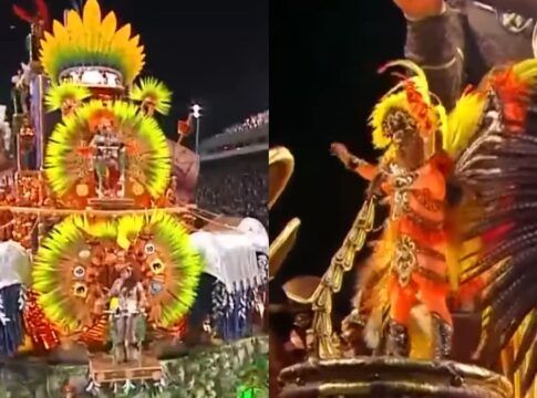 Montagem de duas fotos de um desfile de Carnaval à noite. À esquerda, um grande carro alegórico decorado com penas amarelas e verdes e elementos circulares. À direita, um destaque em uma pessoa usando uma fantasia luxuosa em tons de laranja e amarelo sobre a alegoria.