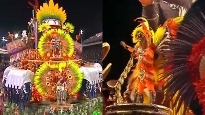 Montagem de duas fotos de um desfile de Carnaval à noite. À esquerda, um grande carro alegórico decorado com penas amarelas e verdes e elementos circulares. À direita, um destaque em uma pessoa usando uma fantasia luxuosa em tons de laranja e amarelo sobre a alegoria.