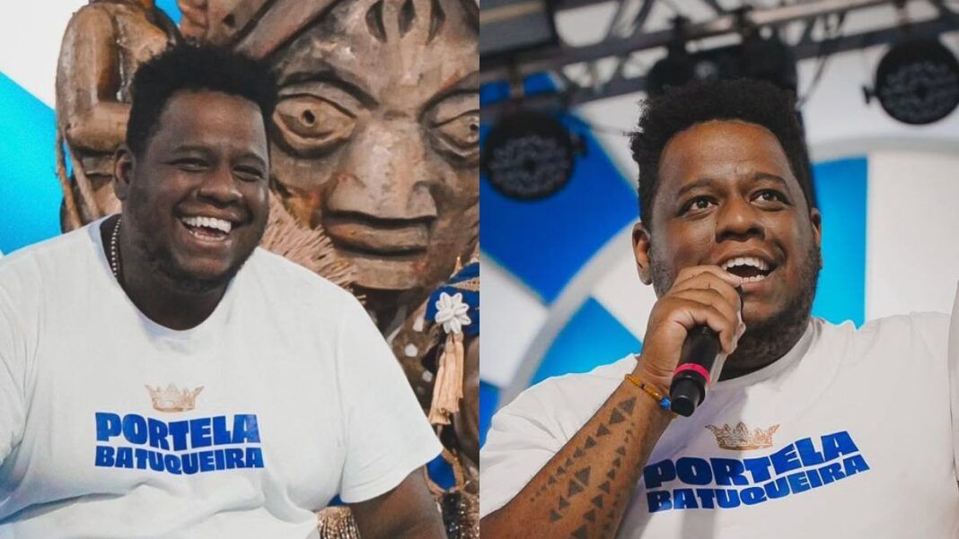 Montagem de duas fotos de um homem negro sorridente, com barba rala e cabelo curto. Ele veste uma camiseta branca com a inscrição 