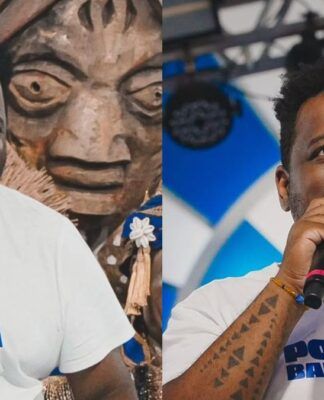 Montagem de duas fotos de um homem negro sorridente, com barba rala e cabelo curto. Ele veste uma camiseta branca com a inscrição 