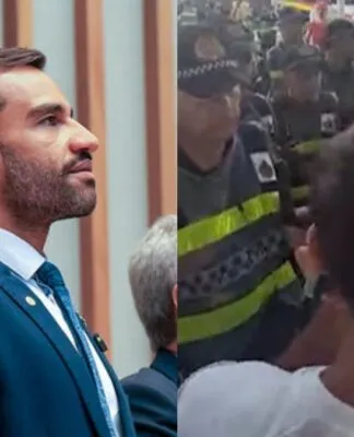 Imagem dividida ao meio. À esquerda, um homem de terno azul e barba olha para o horizonte. À direita, uma cena de conflito embaçada mostra policiais com coletes refletivos amarelos em meio a uma aglomeração de pessoas em um ambiente externo.