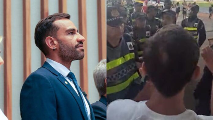 Imagem dividida ao meio. À esquerda, um homem de terno azul e barba olha para o horizonte. À direita, uma cena de conflito embaçada mostra policiais com coletes refletivos amarelos em meio a uma aglomeração de pessoas em um ambiente externo.