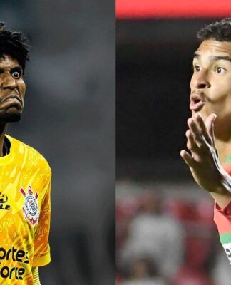 Montagem com dois jogadores de futebol. À esquerda, um goleiro negro de uniforme amarelo faz uma expressão facial intensa de esforço ou surpresa. À direita, um jogador de pele clara e uniforme verde e vermelho gesticula com a mão aberta e expressão de fala ou reclamação.