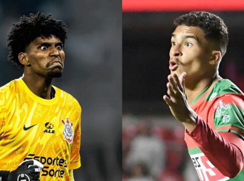 Montagem com dois jogadores de futebol. À esquerda, um goleiro negro de uniforme amarelo faz uma expressão facial intensa de esforço ou surpresa. À direita, um jogador de pele clara e uniforme verde e vermelho gesticula com a mão aberta e expressão de fala ou reclamação.