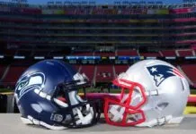 Capacetes do Seattle Seahawks e do New England Patriots no Levi’s Stadium